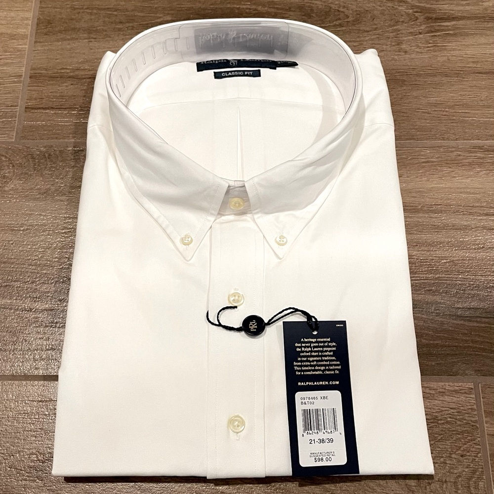 Polo Dress Shirt, Classic Fit Pinpoint Oxford, Size 21 / 38/39, Color White